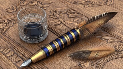 Ornate wooden writing surface with pen, feather, and inkwell