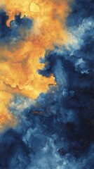 Fototapeta premium Ethereal abstract artwork featuring golden clouds and deep blue hues creating a celestial dreamscape with a watercolor style