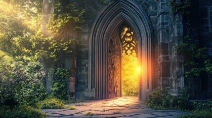 Sunlit arched stone doorway in overgrown ruins, leading to a vibrant garden.