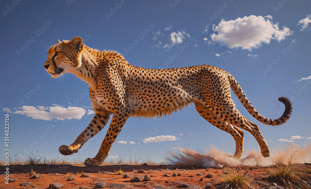 Poster cheetah is running across a dirt field. the sky is blue and there are clouds in the background