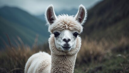 Sweet little white llama baby with fluffy fur and an adorable face featuring funny ears.