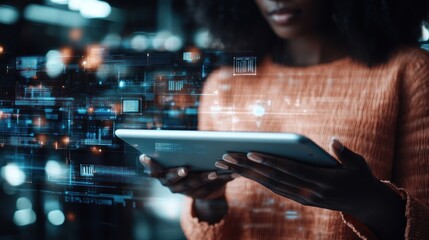 Woman using tablet with digital data interface overlay