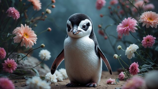 Cute, charming penguin illustration with a floral backdrop.