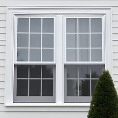 Elegant Double Hung Window with Vinyl Siding and White Grilles Dividing Sash - Perfect for Colonial