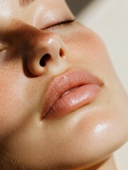 Glowing skin close-up with natural freckles, smooth hydrated complexion, beauty skincare routine, sun-kissed healthy glow