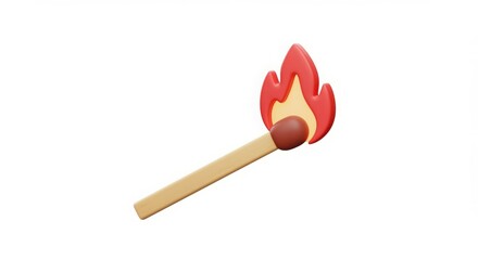 Lit matchstick with a vibrant flame, isolated on white.