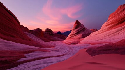 Naklejka premium award-winning travel destination concept Colorful rock formations under a vibrant sunset sky create a stunning desert landscape.