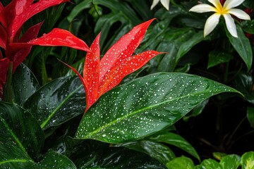 Fresh raindrops clinging to a broad leaf, in a sunlit garden with blooming flowers, refreshing a summer shower aftermath scene