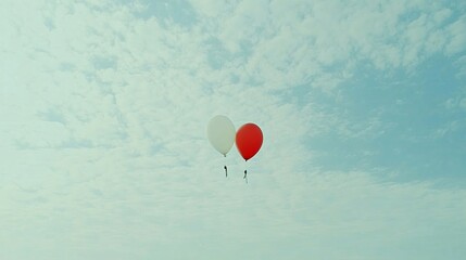 Fototapeta premium Red white balloons float cloudy sky; romantic, event