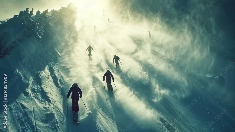 Poster group of skiers descends a snowy mountain trail, shrouded in mist, with sunlight filtering through t