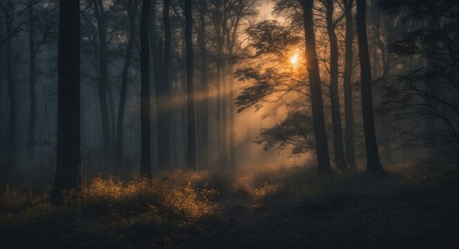 Sunlit woodland landscape in a dark forest.