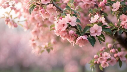 Spring flowers backdrop in peach fuzz hue. Blooming apple tree. Soft focus, blossom freshness.