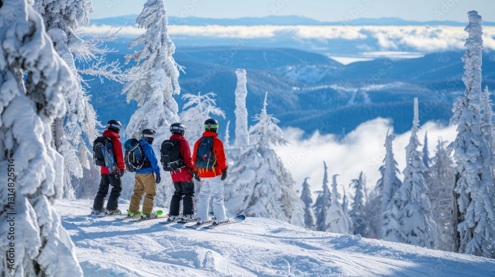 Poster four skiers stand at the edge of a snowy mountain, taking in the breathtaking view of the valley bel