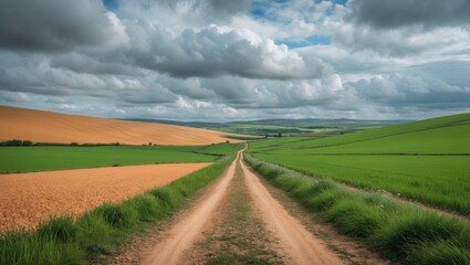 Obraz premium Sunny day on a dirt road through beautiful countryside with green fields beneath a cloudy sky.