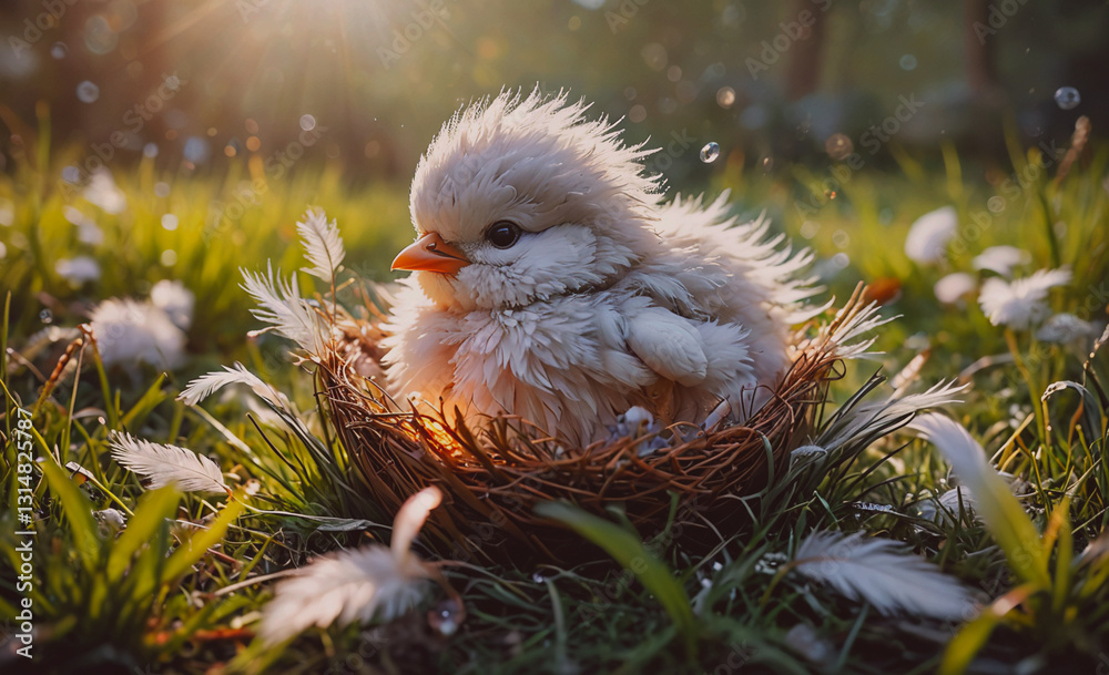 Poster Baby bird is sitting in a nest in the grass. The bird is small and fluffy, and it is enjoying its time in the nest. The scene is peaceful and serene, with the bird surrounded by nature