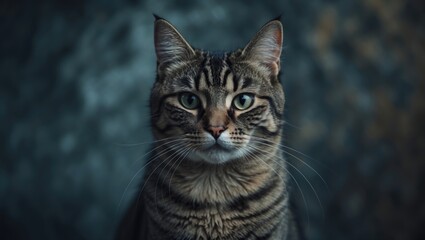 Fototapeta premium Tabby cat close-up frontal portrait against a background, with selected focus and very narrow depth of field.