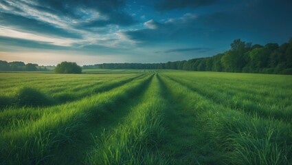 Obraz premium Summer scenery featuring a green grass field and a blue sky.