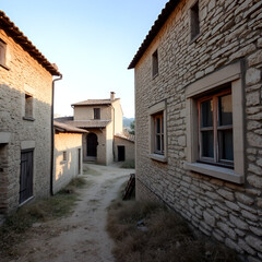 Naklejka premium A desolate view of abandoned stone houses with wooden doors and windows in a rural village in Salamanca, reflecting rural depopulation.
