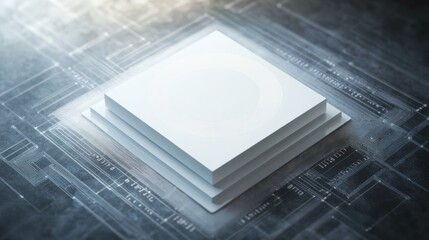 Creation of a simple white computer icon on an abstract digital background showcasing technology and data processing concepts