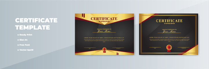 Elegant A4 certificate templates; gold, red design; gray background; printable
