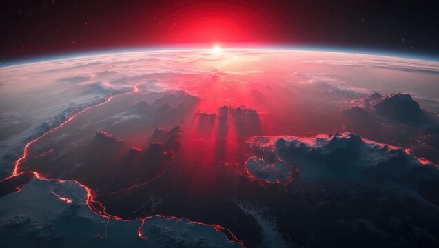 Sunrise is emphasized in red on a space-based Earth representation with clear borders.