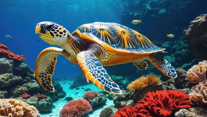 Fototapeta premium Diving with Sea Turtle, Positive Interaction While Understanding How to Act Around