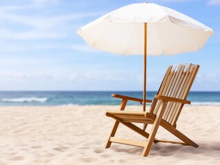 Serene beach setting with a wooden lounge chair under a white sun umbrella facing the ocean horizon on a peaceful sunny day