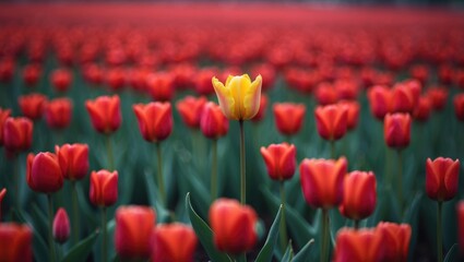 Obraz premium Field of tulips, a multitude of deep red flowers fully blossomed and blurred, with a single bright yellow tulip in focus, close-up of vibrant fresh growth as a nature backdrop.