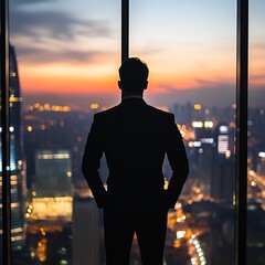 Fototapeta premium business leader silhouette by office window with illuminated city skyline