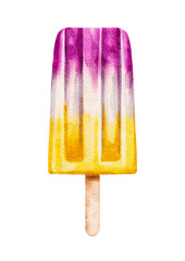 Pink and yellow ice cream, watercolor illustration