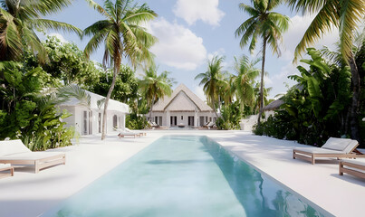Fototapeta premium Serene Tropical Villa with Swimming Pool and Lush Greenery