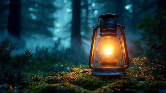 Lonely lantern glowing on moss-covered ground in dark misty enchanted forest. Seamless looping 4K time-lapse animation video background