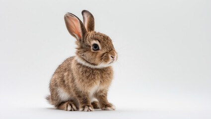 Cute eight-week-old brown baby rabbit sitting and gazing to the side, isolated against a white background.