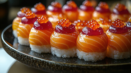 Sushi creation event featuring salmon roe and sweet toppings restaurant food photography culinary delight