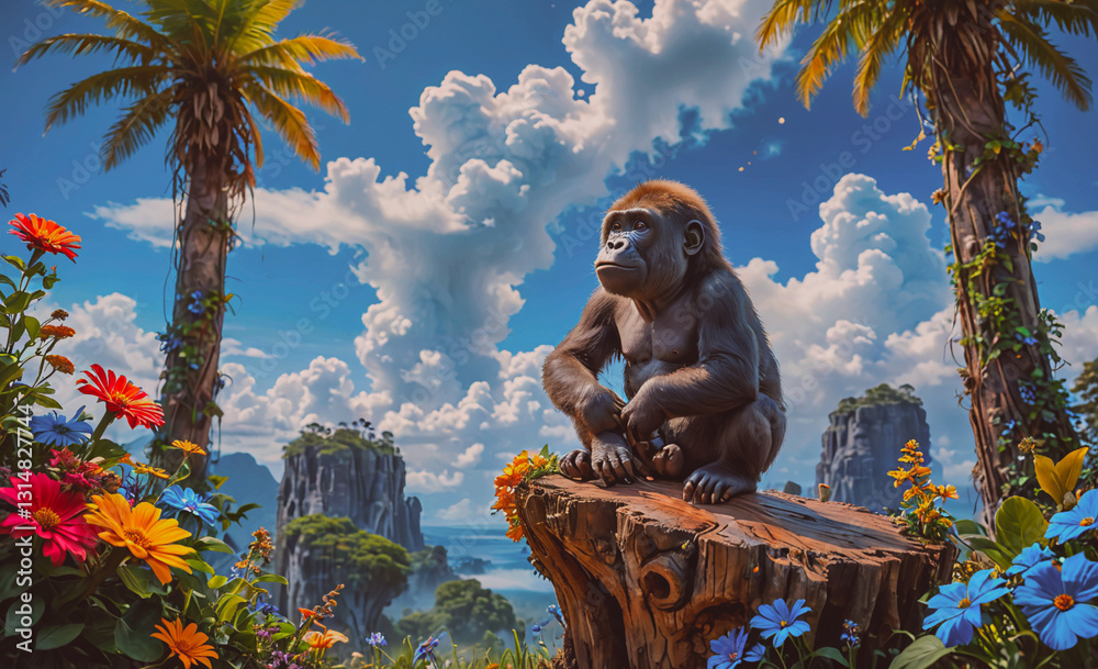 Poster gorilla is sitting on a log in a lush green forest. the sky is blue and there are clouds in the back