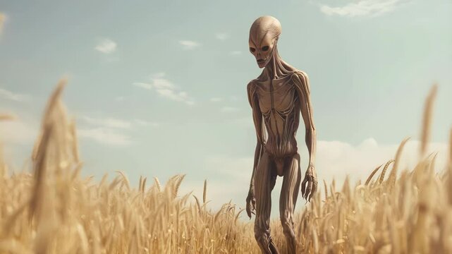 Humanoid alien wandering golden wheat field, long shadow stretching across sunlit landscape, hinting unknown extraterrestrial journey through rural terrain