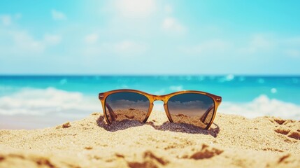 Lost pair of sunglasses half-buried in warm sand, waves lapping nearby under a bright summer sun, forgotten in a beach scene
