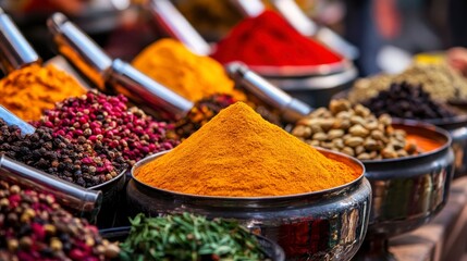 Fototapeta premium award-winning travel destination concept Vibrant array of spices displayed in bowls at a market, showcasing rich colors and textures.