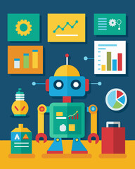 Obraz premium The classroom walls adorned with colorful diagrams and charts explaining the inner workings of various types of robots.. Vector illustration