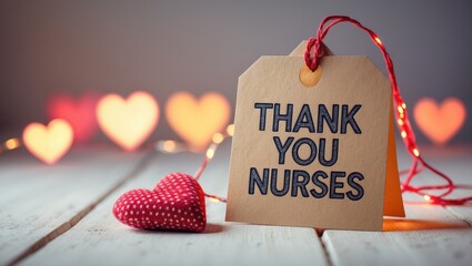 Message expressing gratitude to nurses with heart-shaped lights.