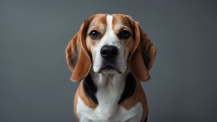 Beagle dog against a gray background.