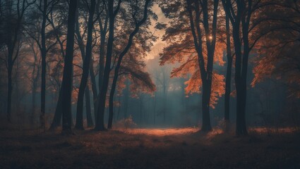 Obraz premium Deciduous forest featuring silhouettes of leaves and trees as a nature background.