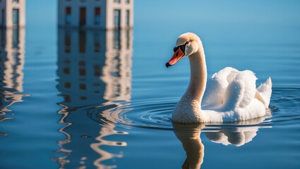 Obraz premium Swan gliding on a lake or pond, with the reflection of the building and blue sky. Water reflection. Shallow depth of field.