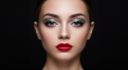 beauty makeup look, featuring a neutral tan base, shimmery eyeshadow in silver tones, and a bold red lipstick. 