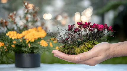 A hand gently holds a small miniature garden display