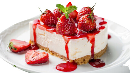 Delicious cheesecake with fresh strawberries and strawberry sauce dripping on transparent background