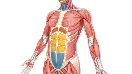 detailed anatomical illustration of human core muscles, highlighting abdominal and surrounding muscle groups in standing male figure