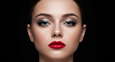 Fototapeta premium beauty makeup look, featuring a neutral tan base, shimmery eyeshadow in silver tones, and a bold red lipstick
