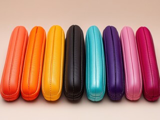 Vibrant array of colorful leather accessories showcasing a spectrum of hues in a studio setting with soft lighting