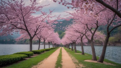 Obraz premium Riverside park in Dongchon featuring cherry blossoms.